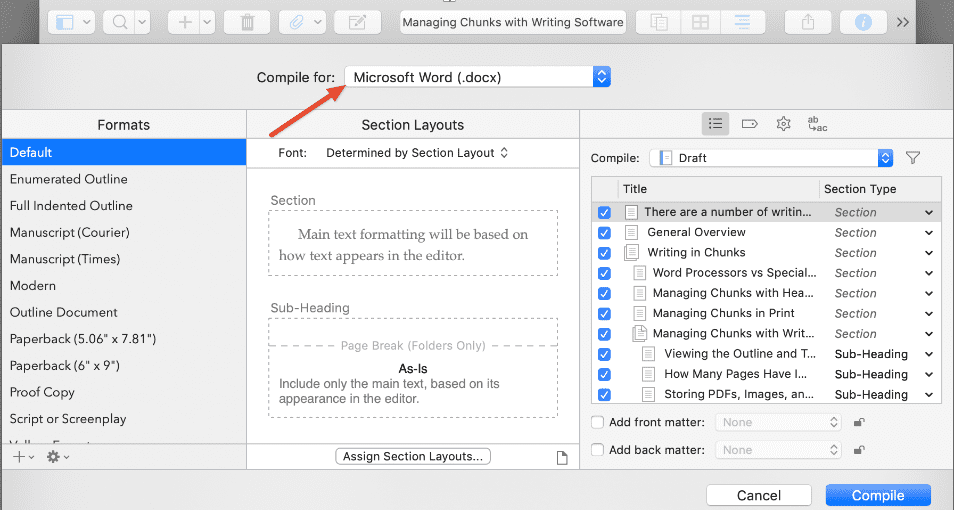 Screenshot of Scrivener project being saved as a Word file format document.